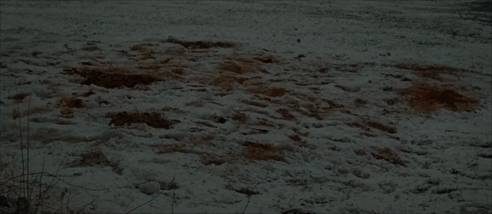 The Road (2009) movie still: establishing — A field covered in packed snow is marked by uneven brown-toned indentations. The ground surface shows…