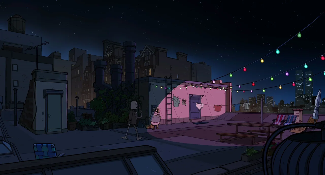 Robot Dreams (2023) movie still: wide — A flat city apartment rooftop at night with clotheslines and string lights. A slender robot walks toward an…