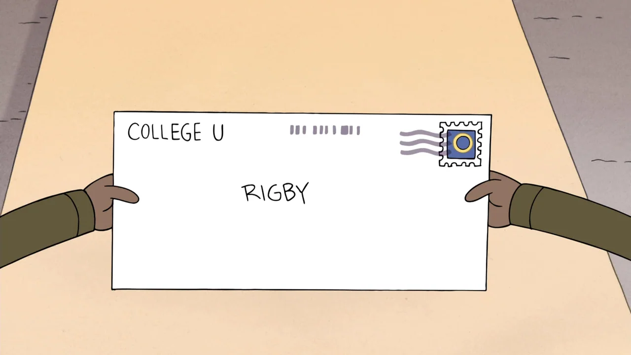 Regular Show: The Movie (2015) movie still: closeup — A white envelope is held flat against a plain light tan surface. The envelope displays the…