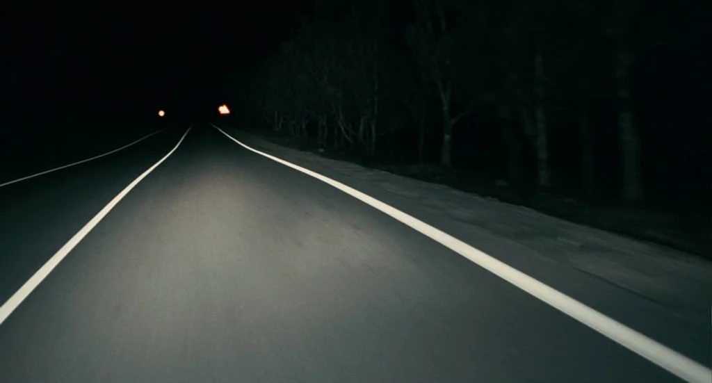 The Limits of Control (2009) movie still: establishing — An asphalt road extends forward through a dark, wooded area at night. White lane markers…