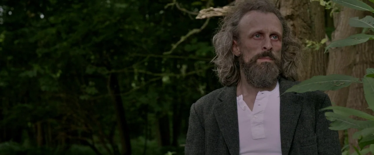 Borgman (2013) movie still: medium — A man stands in a dense, dark green woodland area with thick trees. The man pauses in the woods while wearing a…