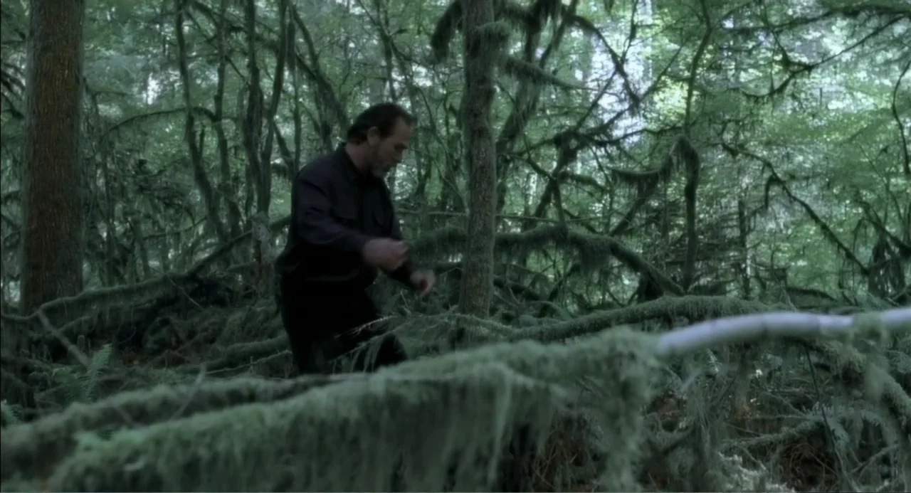 The Hunted (2003) movie still: medium — A dense temperate rainforest features large trees heavily covered in thick hanging moss. A man in dark…