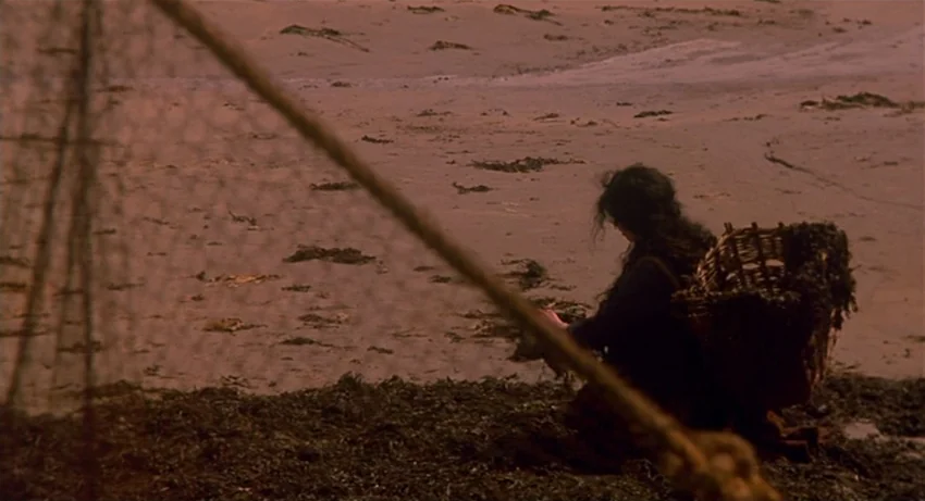 The Secret Of Roan Inish (1994) movie still: wide — A vast, muddy intertidal zone stretches into the distance under an overcast sky. A woman with…