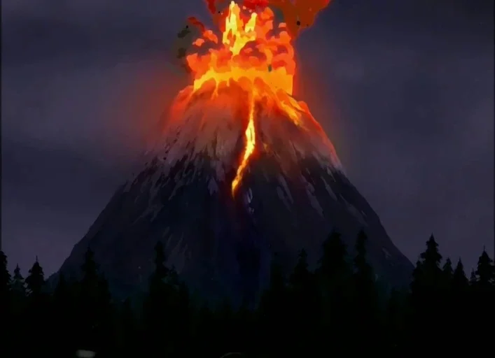 Avatar: The Last Airbender (2005) movie still: establishing — A dark, purple-toned night sky hangs over a rugged mountain peak erupting with lava.…