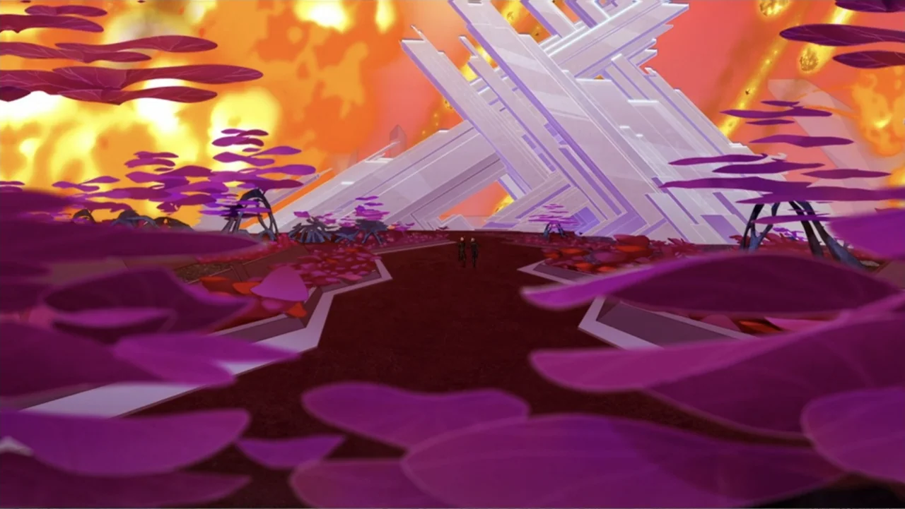 Legion of Super-Heroes (2023) movie still: establishing — An alien terrain features purple vegetation and a massive geometric white crystal…