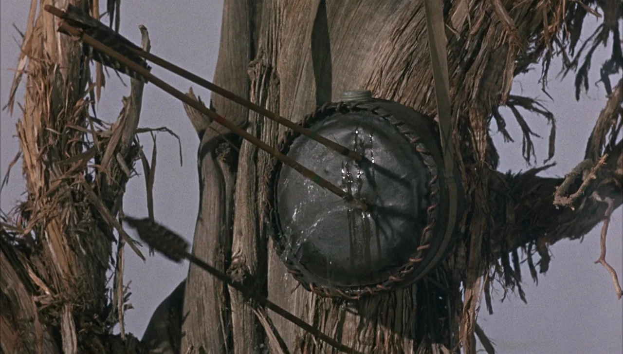 Head (1968) movie still: closeup — A dark leather-covered canteen hangs from the side of a weathered, dead tree. Three wooden arrows pierce the…