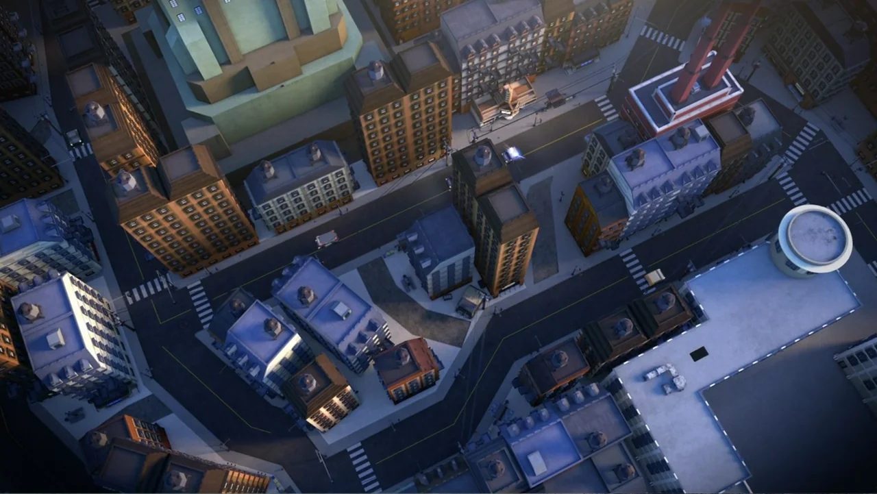 LEGO DC: Shazam! Magic and Monsters (2020) movie still: establishing — A dense urban grid features stylized apartment buildings and interconnected…