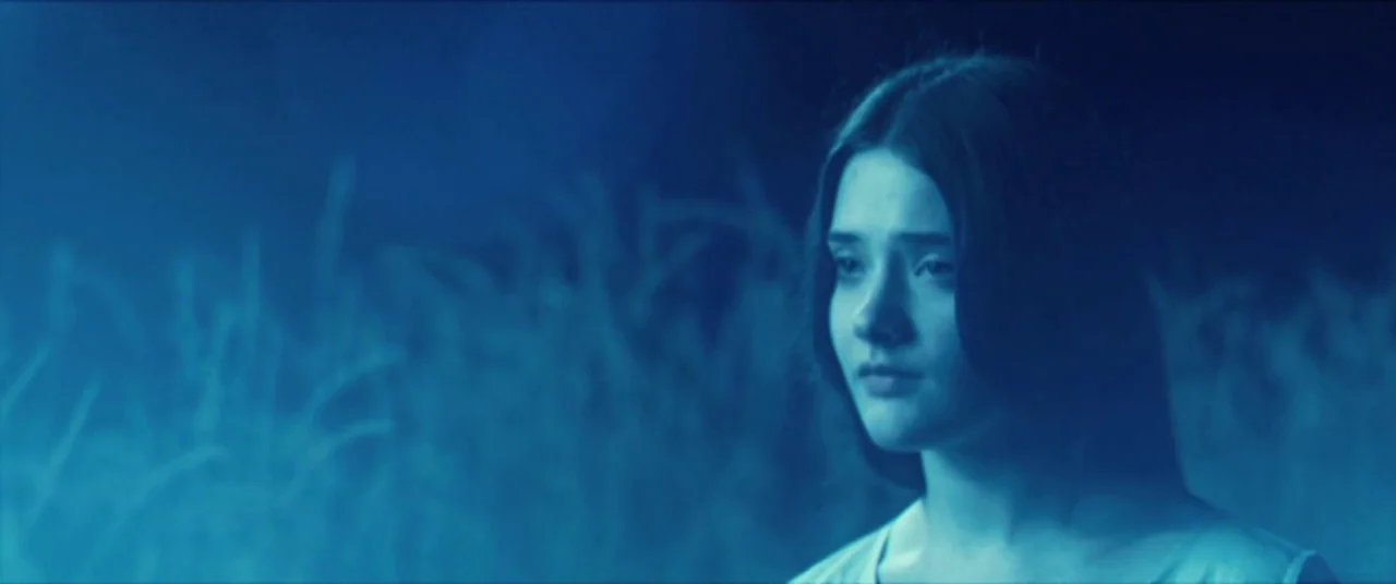 Beyond The Black Rainbow (2010) movie still: closeup — A field at night is bathed in an intense blue wash of light. The young woman stands in the…