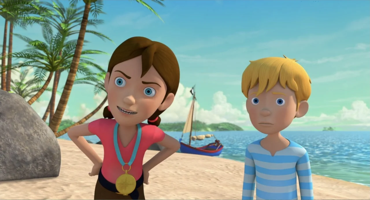 Capt'n Sharky (2018) movie still: medium — A sunny tropical beach with palm trees and a small sailboat in the water. A girl in a pink shirt and a…