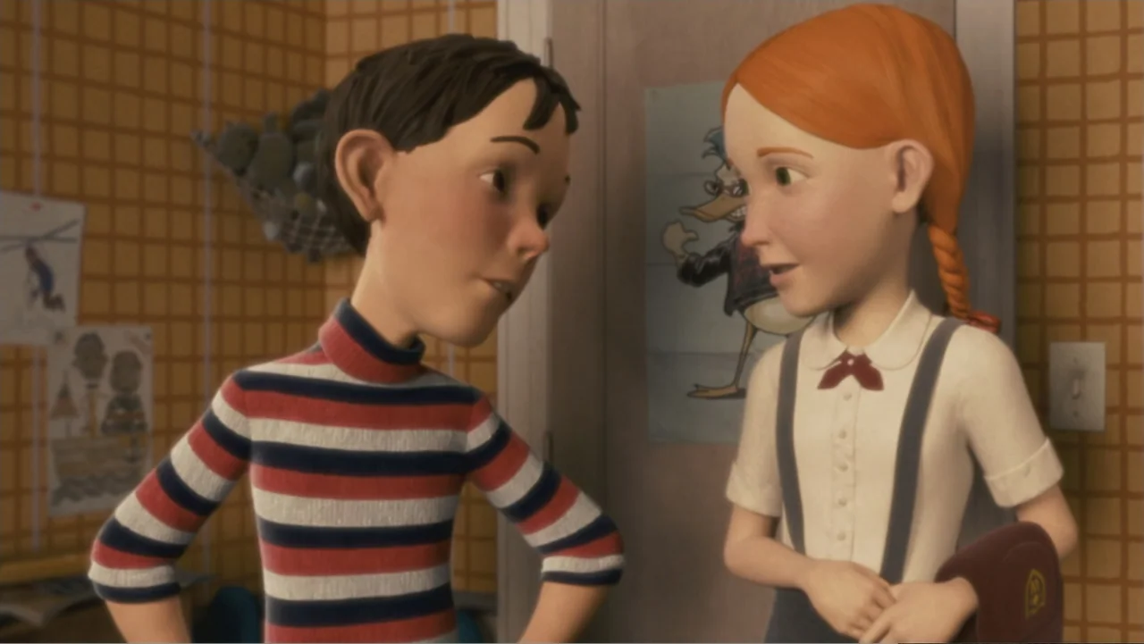 Monster House (2006) movie still: medium — A room with orange square wall tiles and a white door with a poster. A young boy in a striped shirt faces…