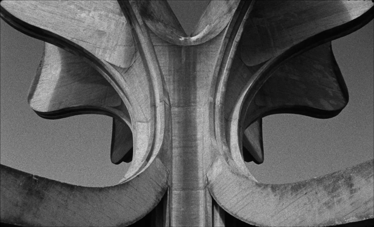 Last and First Men (2020) movie still: closeup — A structural concrete detail features sweeping, organic curves reminiscent of brutalist…