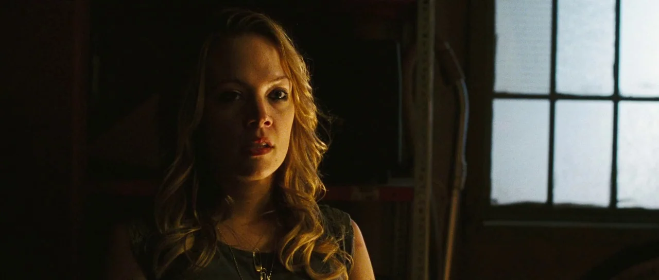 Surveillance (2008) movie still: medium — A dimly lit basement features a small, bright window and metal storage shelving units. A woman with blonde…