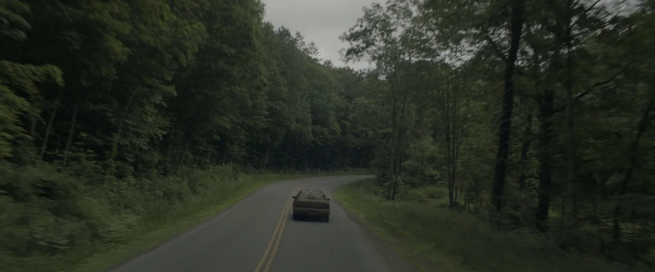 Here Alone movie still: wide — A rural asphalt road winds through a dense forest with thick green canopy cover. A sedan travels along the road…