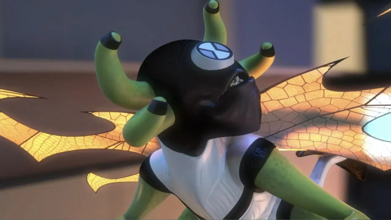 Ben 10: Destroy All Aliens (2012) movie still: closeup — An stylized insectoid creature is shown from a high angle against a blurred background. The…