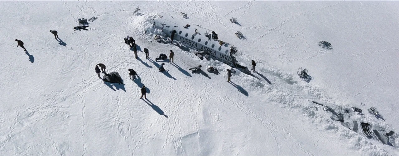 Society of the Snow (2023) movie still: wide — A vast white snowfield containing the wreckage of a military transport airplane. Several individuals…