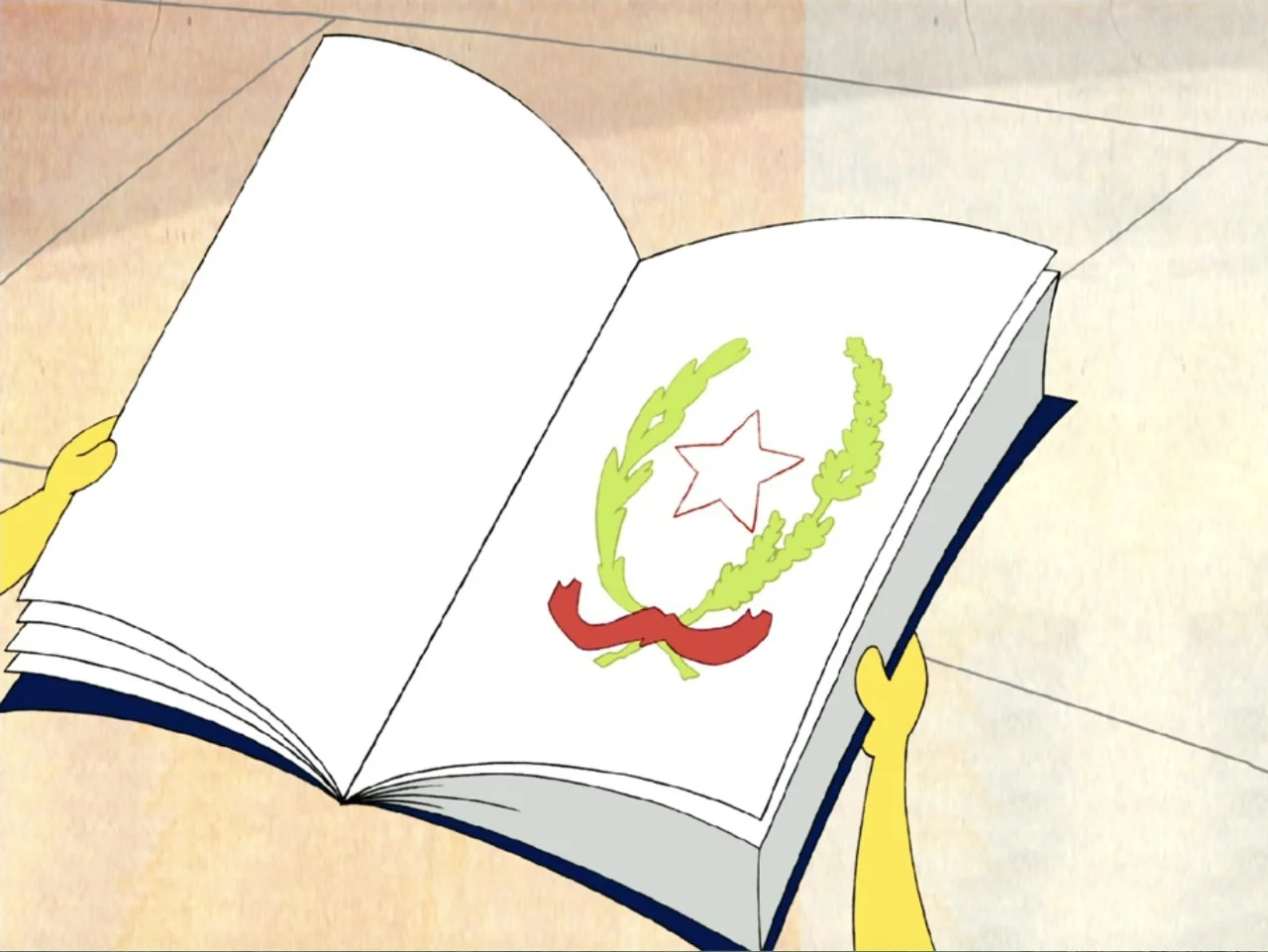 Tweety's High Flying Adventure (2000) movie still: closeup — A close-up view shows an open book held by yellow cartoon hands. The page features a…