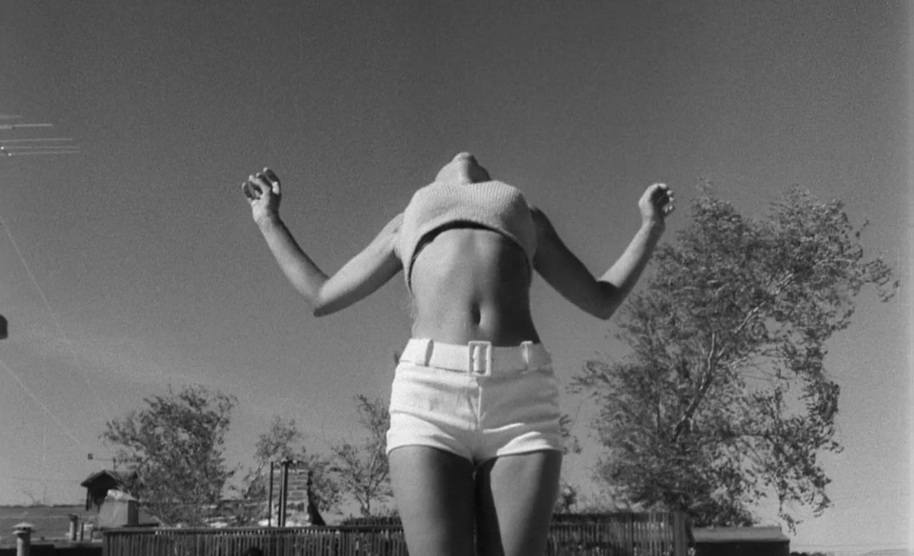 Faster, Pussycat! Kill! Kill! (1965) movie still: fullbody — An outdoor area features a wooden fence and leafy trees under a clear sky. A young…