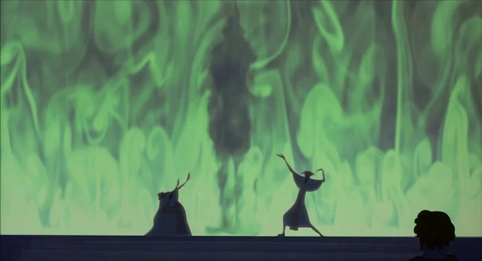 The Prince of Egypt (1998) movie still: wide — A stone platform sits before a wall of swirling, luminous green smoke. Two figures gesture toward a…