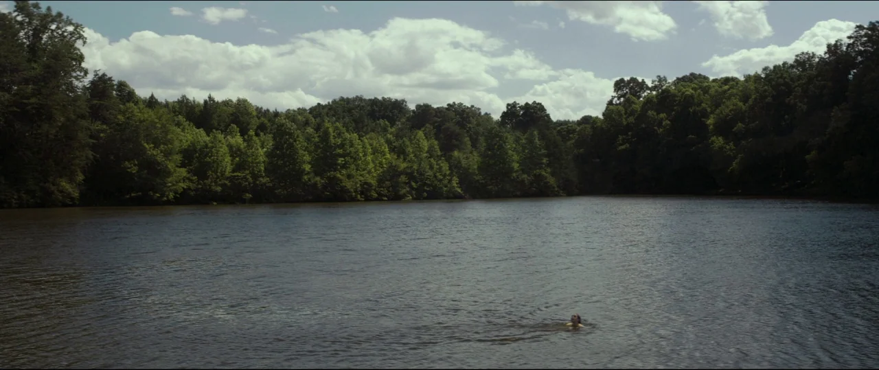 One & Two (2015) movie still: wide — A wide shot shows a calm lake surrounded by a dense deciduous forest. A lone person swims in the center of the…