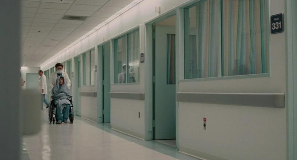 It’s Kind Of A Funny Story (2010) movie still: wide — A long, clinical hospital hallway features pale teal walls and rows of patient rooms. A male…