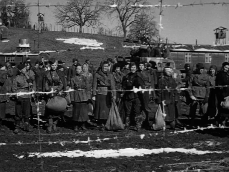 Stalag 17 (1953) movie still: wide — A group of people stands in a muddy field behind multiple rows of barbed wire. Watchtowers are visible on the…