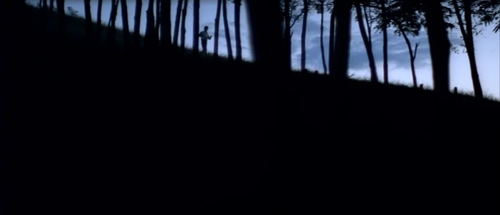 The Banishment (2007) movie still: wide — A silhouette of a man walking along a grassy ridge against a twilight sky. Dark tree trunks frame the…