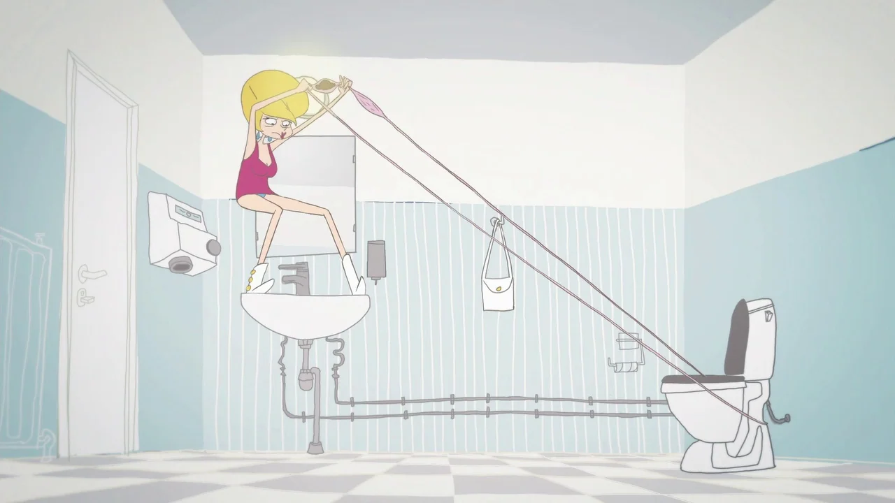 The ABCs of Death (2012) movie still: medium — A modern restroom with white-and-blue striped walls and a checkered tile floor. A blonde woman stands…