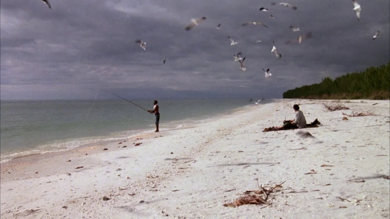 Day of the Dead (1985) movie still: wide — A stretch of white sand beach meets a calm sea under a heavy, overcast sky. A man stands at the shoreline…