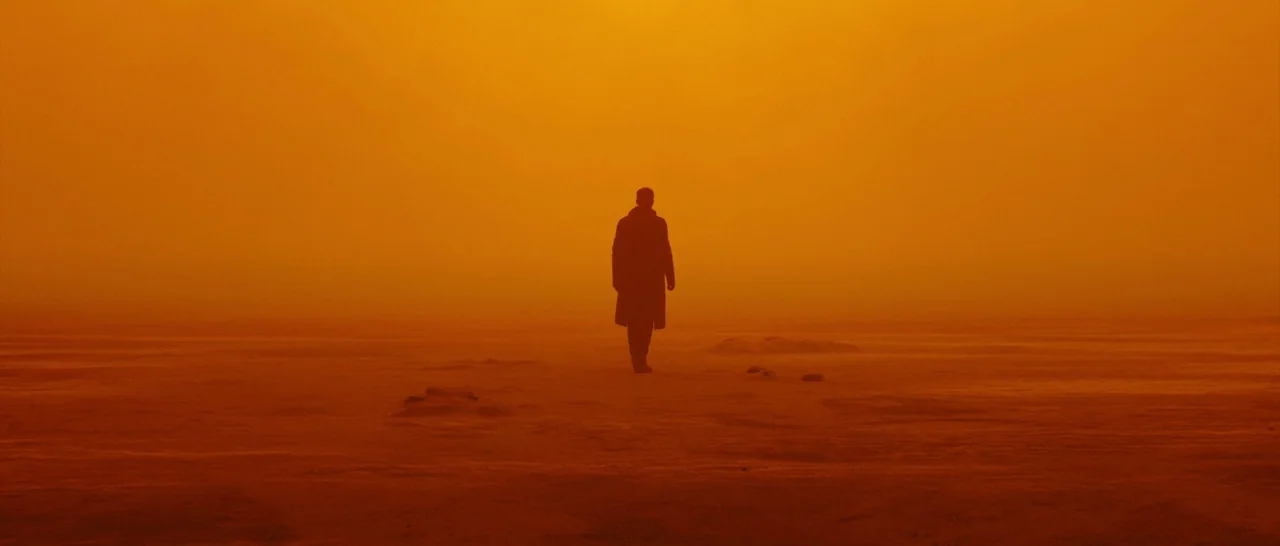 Blade Runner 2049 (2017) movie still: wide — A vast, flat desert landscape is obscured by heavy orange dust and haze. A man walks away into the…