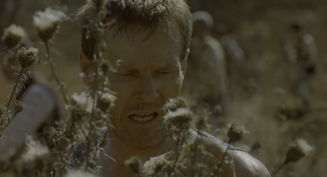 The Green Mile (1999) movie still: closeup — A man stands in an arid field among dry, spiky thistle plants. He grimaces as he interacts with the…