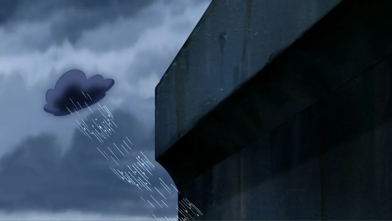 Tom and Jerry & The Wizard of Oz (2011) movie still: establishing — An exterior view of a large concrete building corner under a dark stormy sky. A…