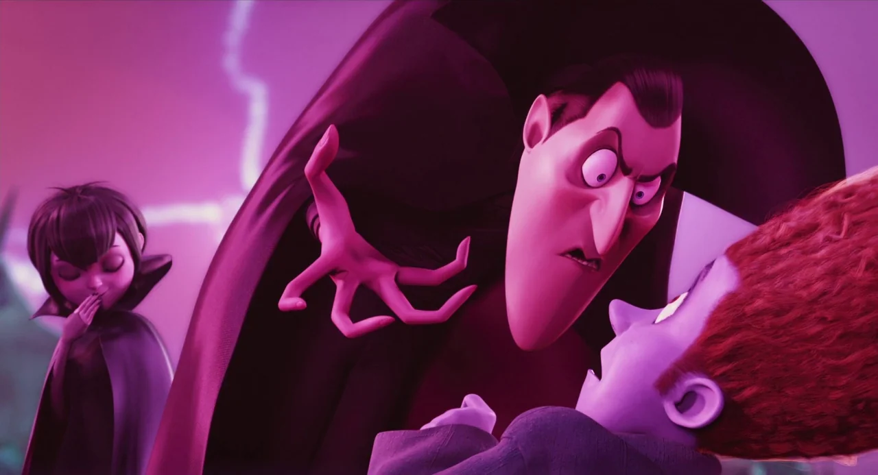 Hotel Transylvania movie still: medium — A dark, stylized environment featuring a bright, crackling purple energy effect behind the subjects. A tall…