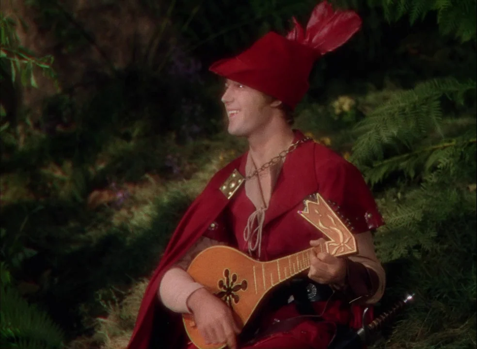 The Adventures of Robin Hood (1938) movie still: medium — A man in a vibrant red medieval outfit sits among dense green foliage. He plays a small…