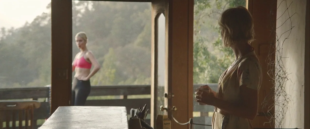 Always Shine (2016) movie still: medium — A wooden interior opens onto a deck overlooking a forested hillside in the daylight. One woman holds a cup…