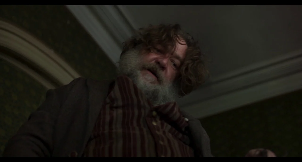True History of the Kelly Gang (2019) movie still: medium — A dark indoor setting features green patterned wallpaper and a dimly lit corner. A…