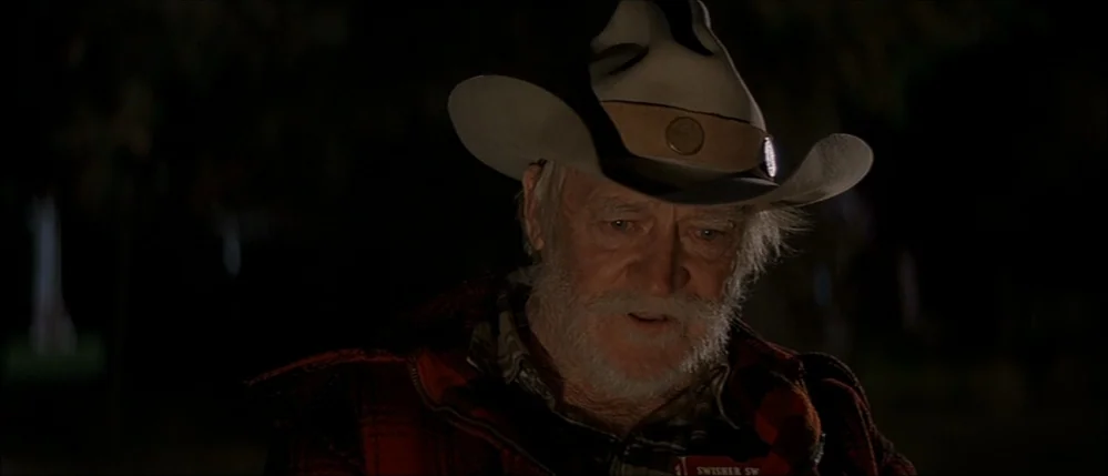 The Straight Story (1999) movie still: closeup — An older man sits outdoors at night wearing a wide-brimmed cowboy hat. He looks downward while…
