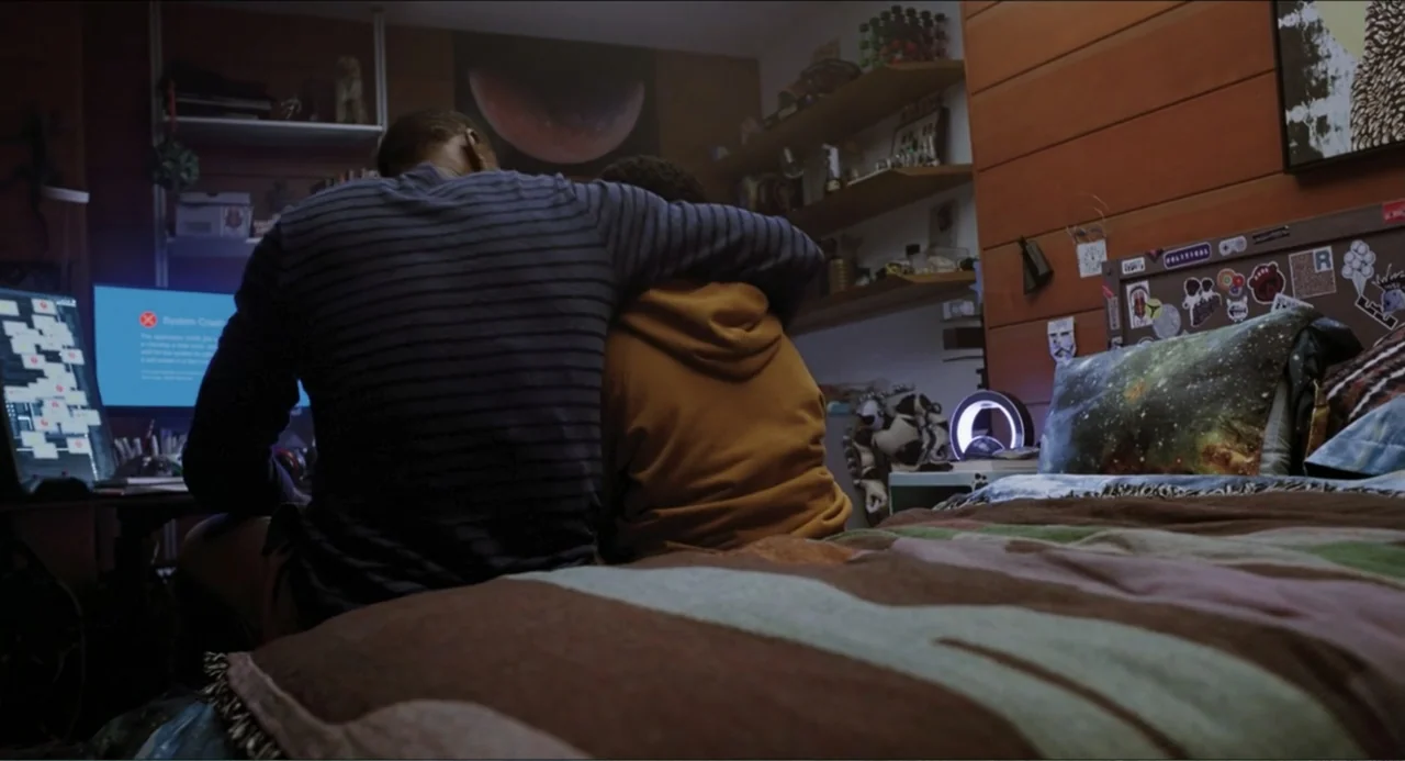 Space Jam: A New Legacy (2021) movie still: medium — A cluttered teen bedroom features shelves with assorted items and a bed with graphic bedding.…