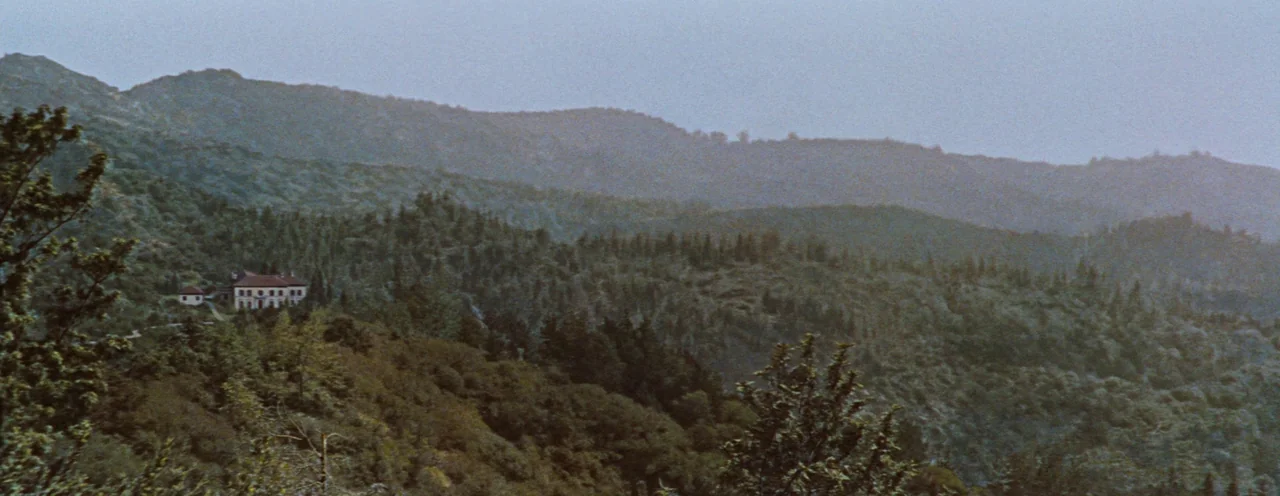Rebel Without A Cause (1955) movie still: establishing — A vast, rolling mountain range covered in dense coniferous forest under a pale sky. A…