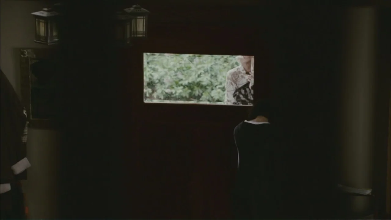 The Stepfather (2009) movie still: medium — A dark, dimly lit hallway contains a single rectangular window looking out onto greenery. A woman with…