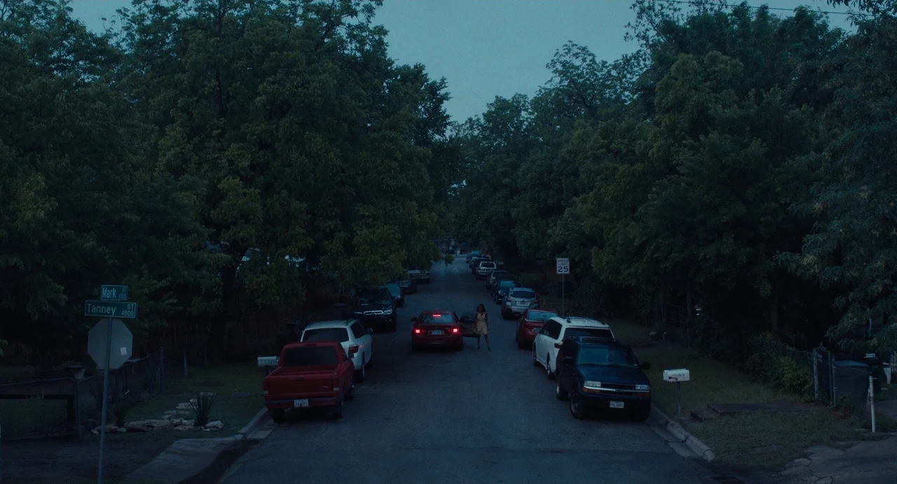 Test Pattern (2019) movie still: wide — A quiet residential street lined with parked cars and dense green trees at dusk. A lone figure stands in the…