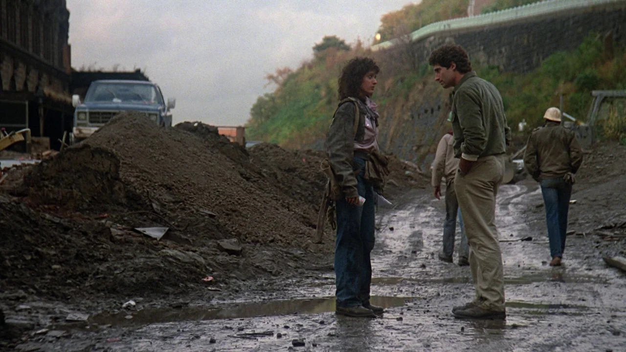 Flashdance (1983) movie still: fullbody — A muddy construction area with piles of dirt and a blue pickup truck nearby. A man and woman stand facing…