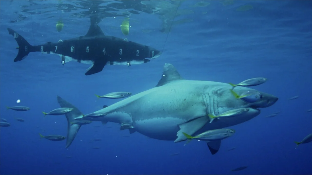 Shark Week: Off the Hook (2023) movie still: wide — An underwater scene showing deep blue ocean water with sunlight filtering from above. A large…