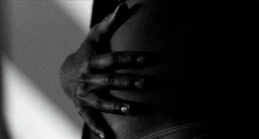 Container (2006) movie still: closeup — A close-up view shows a person's dark-skinned hand pressing against their own abdomen. The scene is rendered…