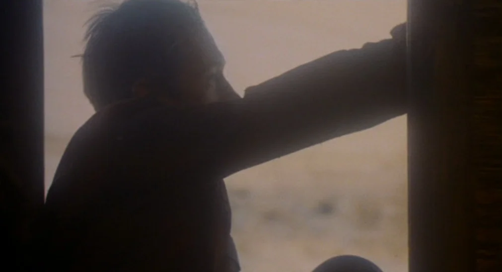 Bound For Glory (1976) movie still: medium — A person stands in a doorway looking out into a bright, blurred exterior space. The subject is backlit…