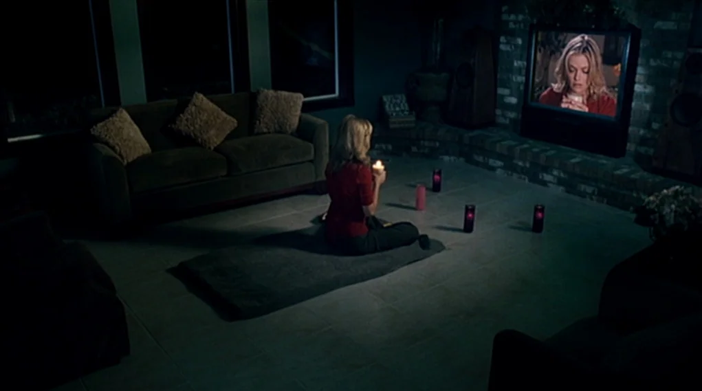 Visioneers (2008) movie still: wide — A dimly lit living room features a dark sofa and a wall-mounted television screen. A blonde woman sits on a…