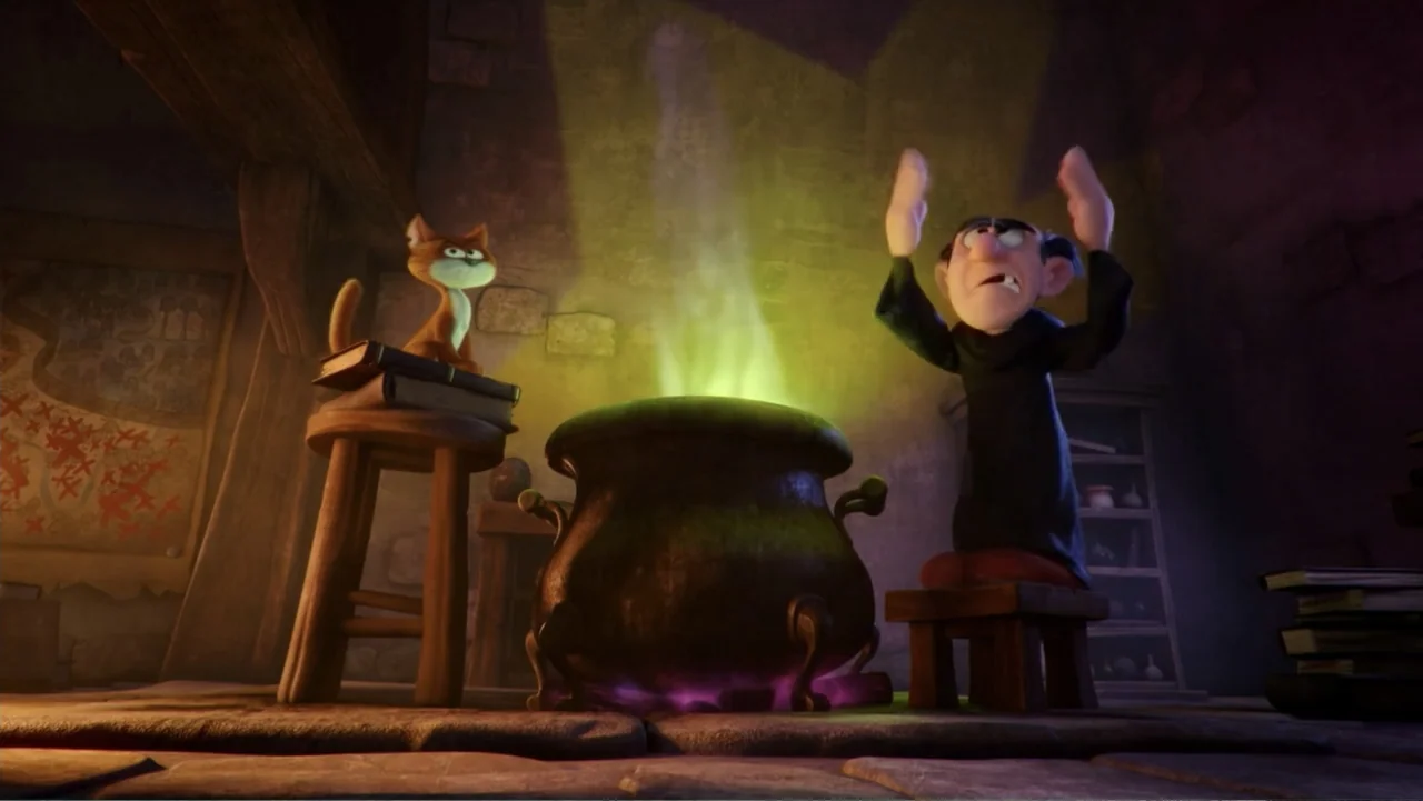 Smurfs: The Lost Village (2017) movie still: wide — A dimly lit stone chamber contains a large cauldron boiling with green potion. A wizard in dark…