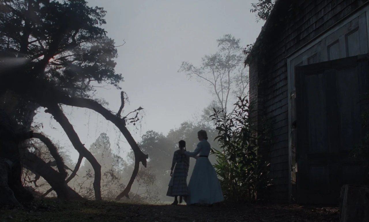 The Beguiled (2017) (2017) movie still: wide — An overgrown farmyard features a gnarled, leafless tree and a weathered wooden barn building. A woman…