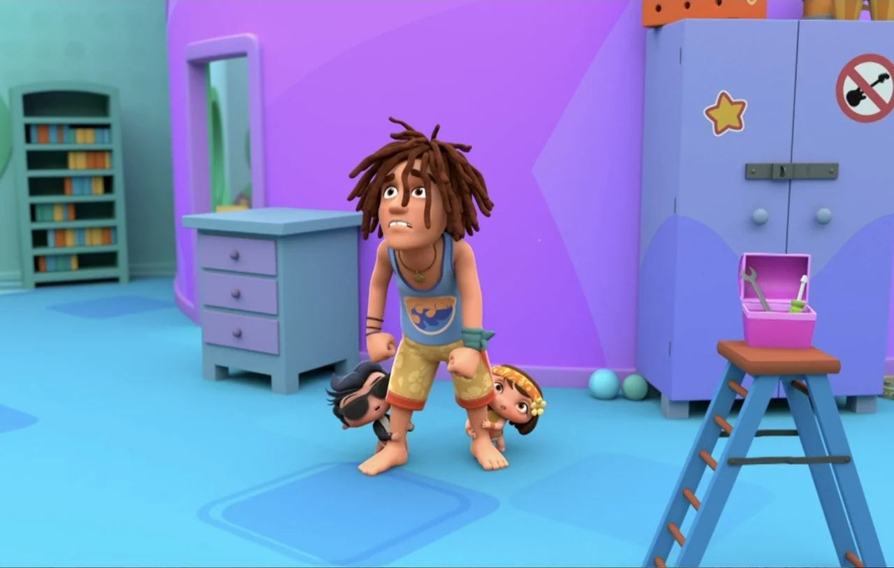 Mini Beat Power Rockers: The Movie (2022) movie still: medium — A cartoon nursery with purple walls features a man and two small children. The man…