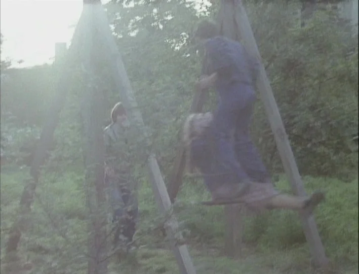 Camera Buff (1979) movie still: fullbody — A grassy outdoor area features a wooden swing set frame during bright daylight hours. One person stands…