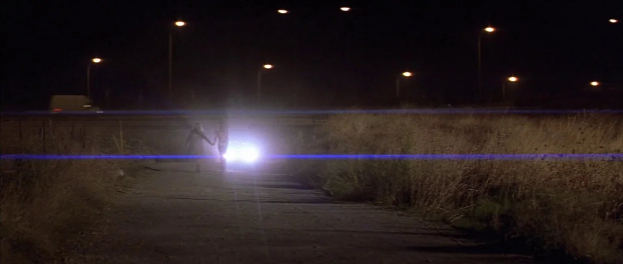All About My Mother (1999) movie still: wide — A dark rural road bordered by tall dry grass at night under scattered streetlights. Two figures…